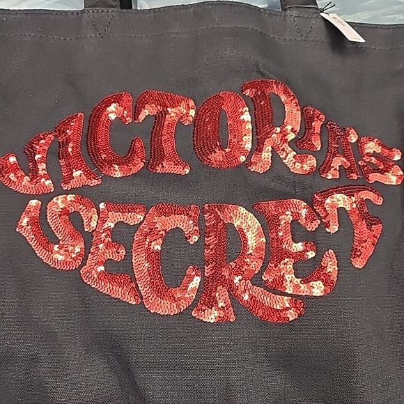 Victorias Secret Black Red Sequins Tote Large Travel Bag Valentines Day Lips NEW - Picture 4 of 16